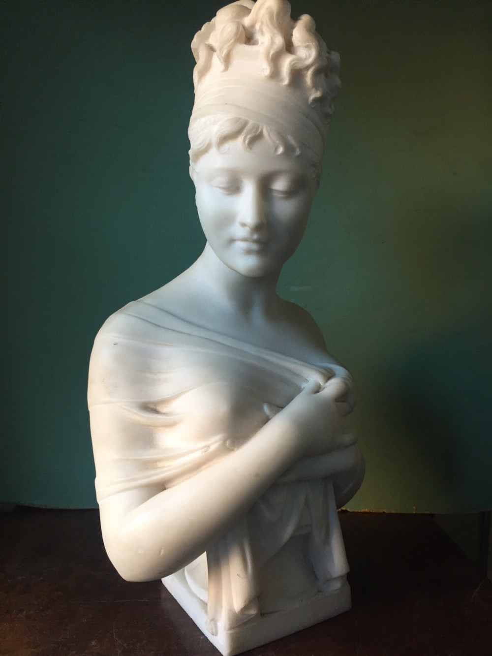 C19th French carved marble bust of Madame Juliette Recamier , after the original study by Joseph Chinard. View X