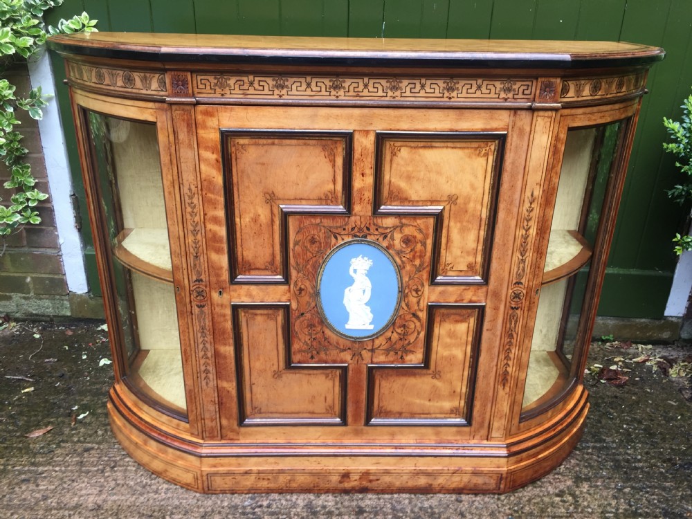 Fine quality signed C19th satin-birch side cabinet or credenza with inlay in the manner of Owen Jones.