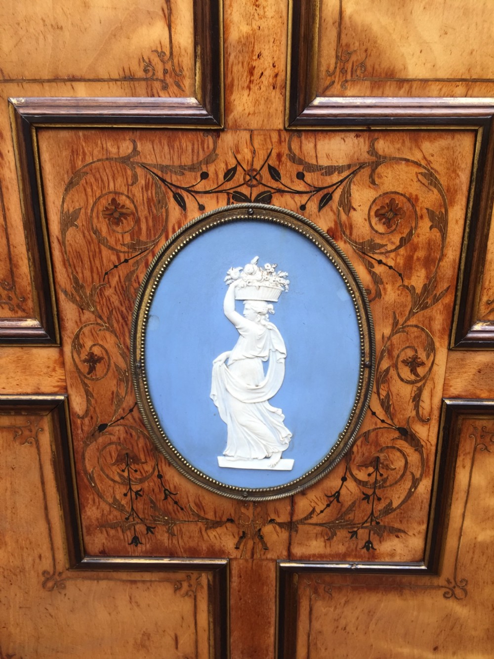 Fine quality signed C19th satin-birch side cabinet or credenza with inlay in the manner of Owen Jones. View VII