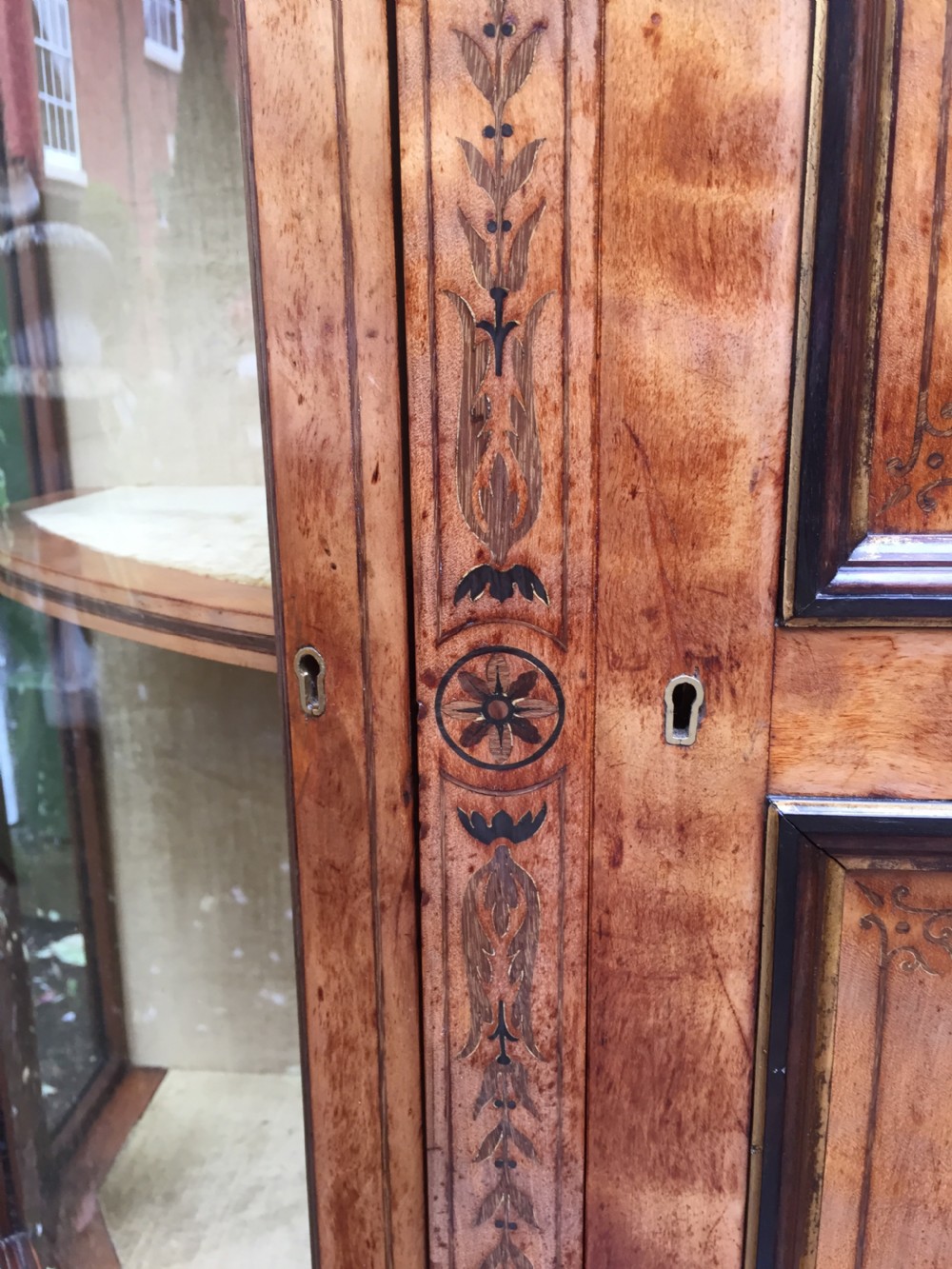 Fine quality signed C19th satin-birch side cabinet or credenza with inlay in the manner of Owen Jones. View X