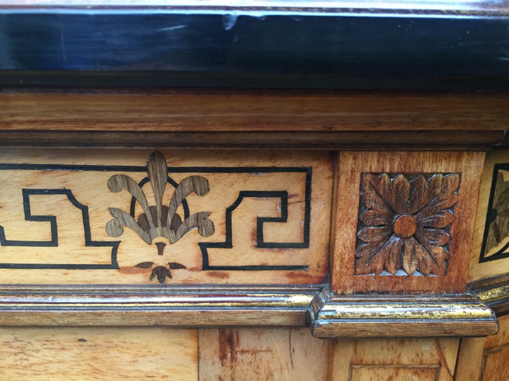 Fine quality signed C19th satin-birch side cabinet or credenza with inlay in the manner of Owen Jones. View XII