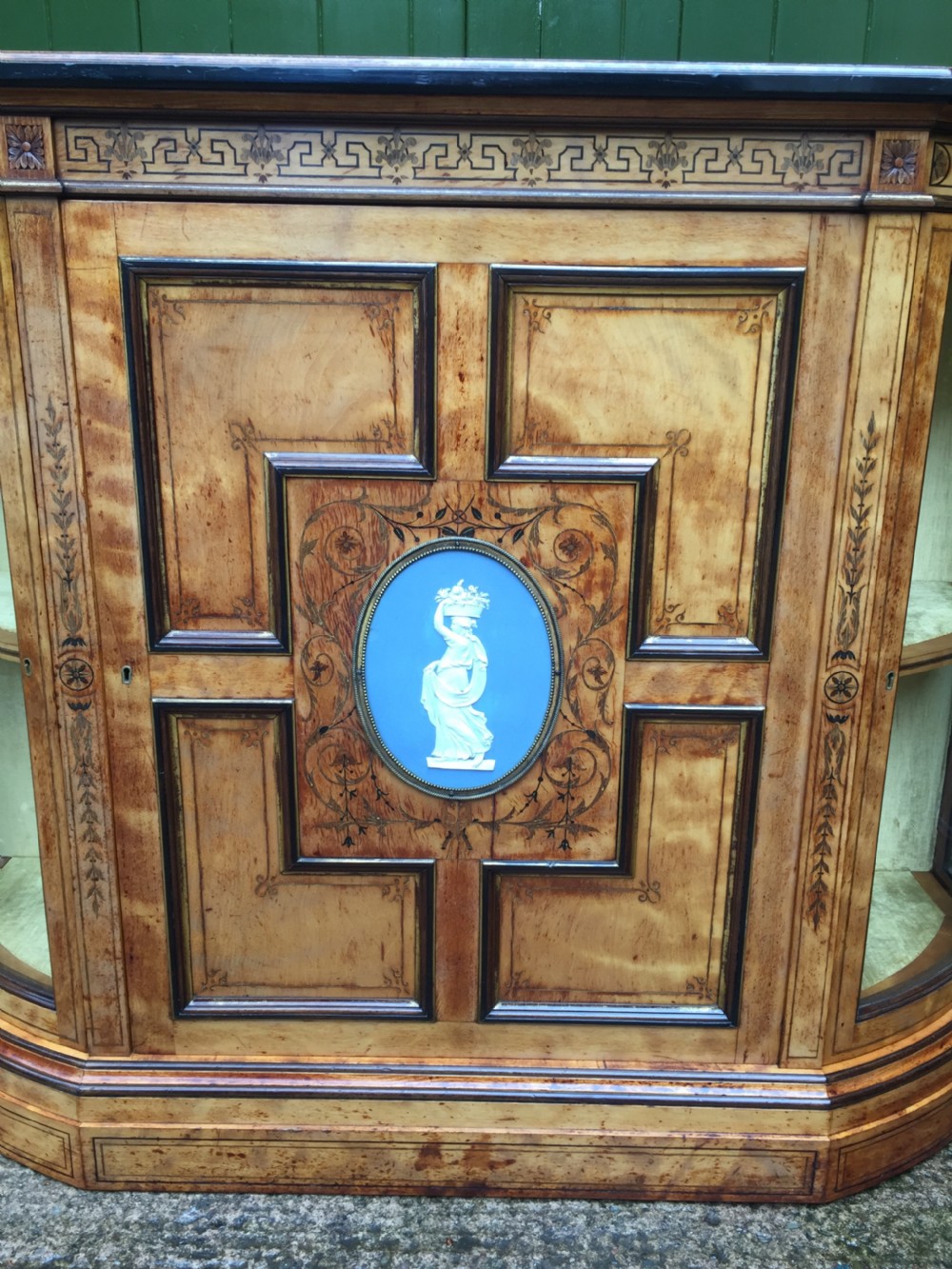 Fine quality signed C19th satin-birch side cabinet or credenza with inlay in the manner of Owen Jones. View XVI