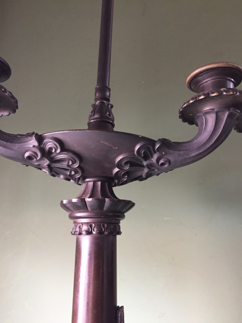 Imposing pair of early C19th French Charles X period bronze lamps on 'rouge griotte' marble bases. View VIII