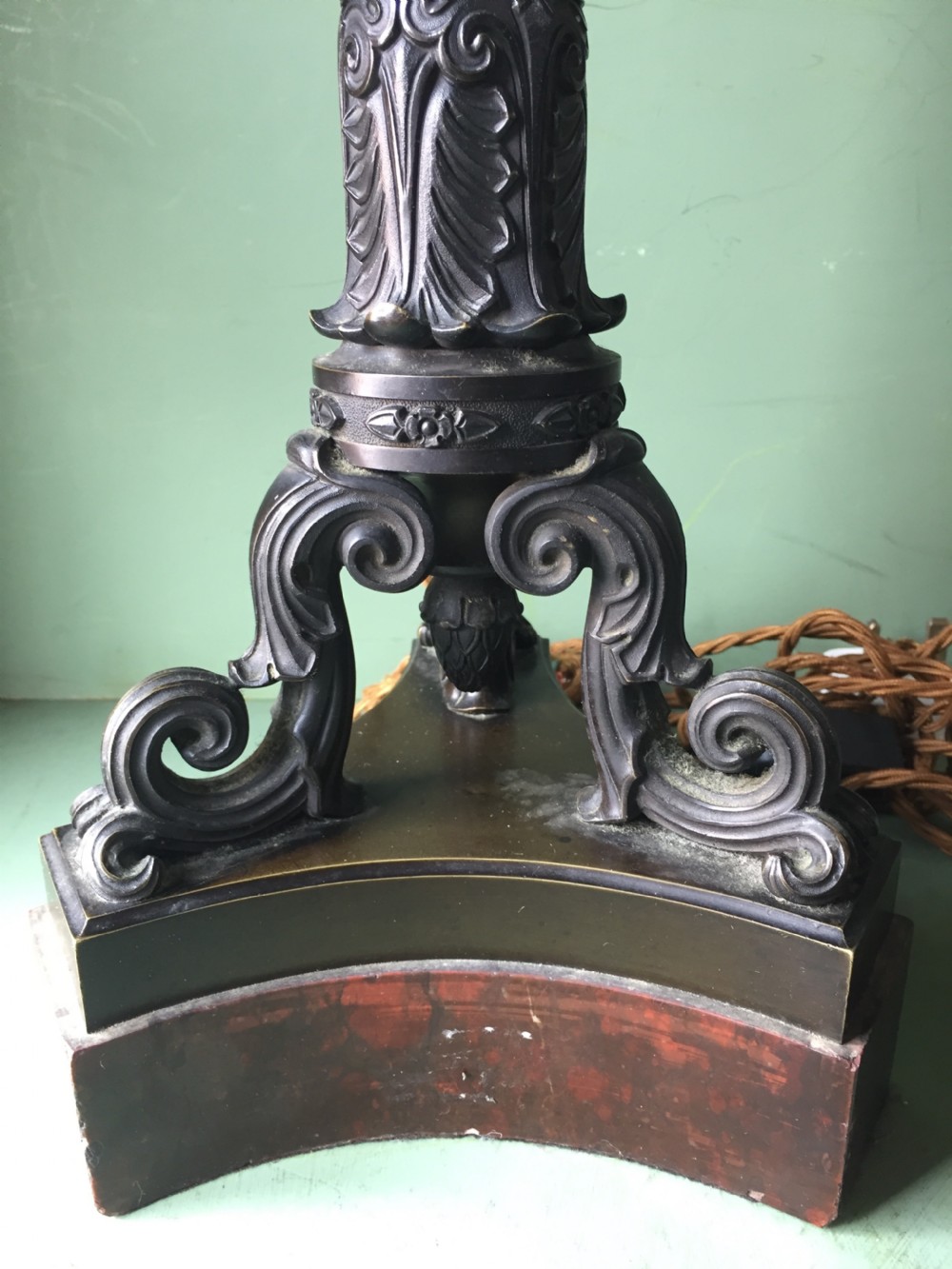 Imposing pair of early C19th French Charles X period bronze lamps on 'rouge griotte' marble bases. View IX