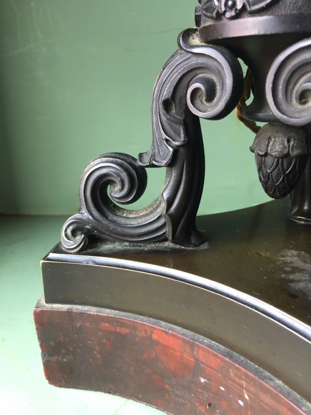 Imposing pair of early C19th French Charles X period bronze lamps on 'rouge griotte' marble bases. View XII