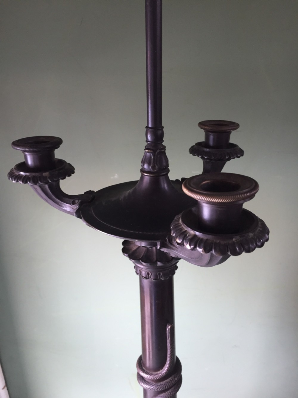 Imposing pair of early C19th French Charles X period bronze lamps on 'rouge griotte' marble bases. View XVI
