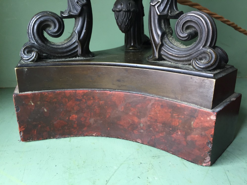 Imposing pair of early C19th French Charles X period bronze lamps on 'rouge griotte' marble bases. View XX