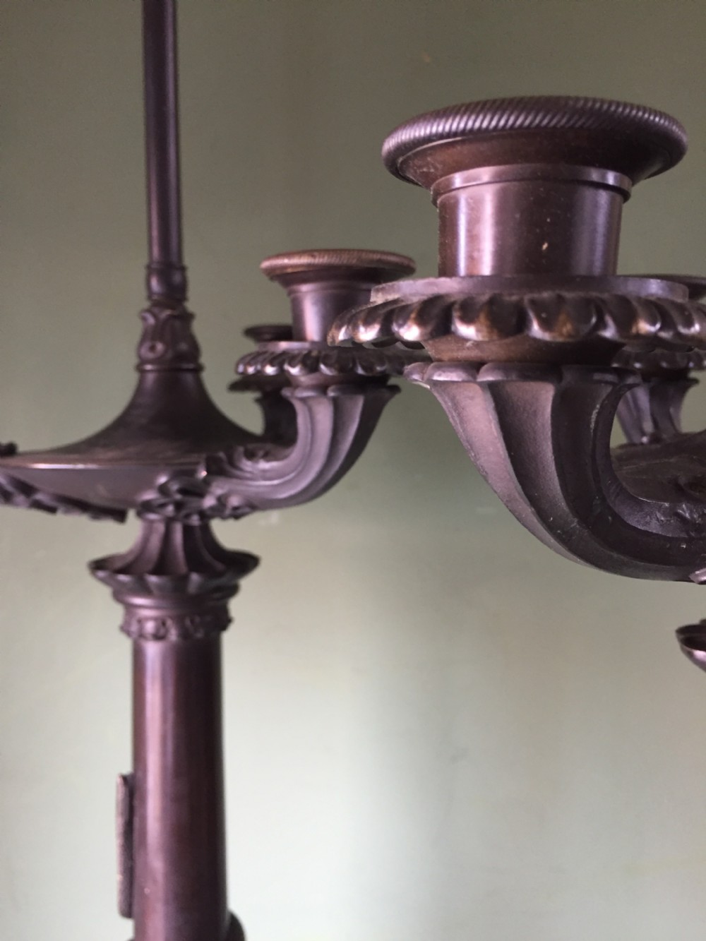 Imposing pair of early C19th French Charles X period bronze lamps on 'rouge griotte' marble bases. View XXII