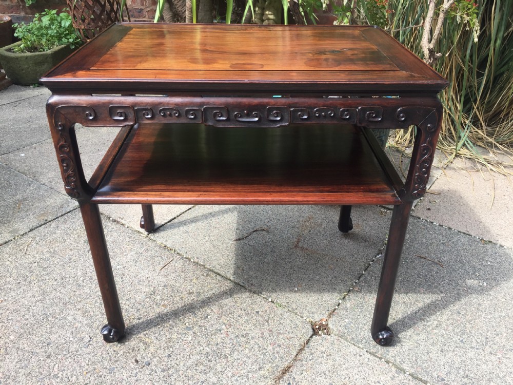 Late C19th Chinese Qing Dynasty carved hardwood 2-tier centre table of freestanding design. View III