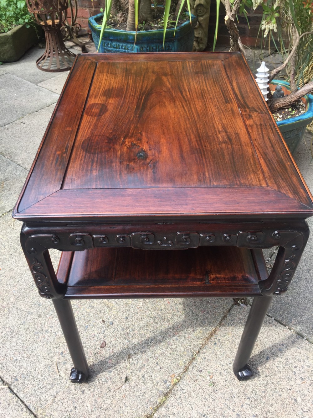 Late C19th Chinese Qing Dynasty carved hardwood 2-tier centre table of freestanding design. View IV