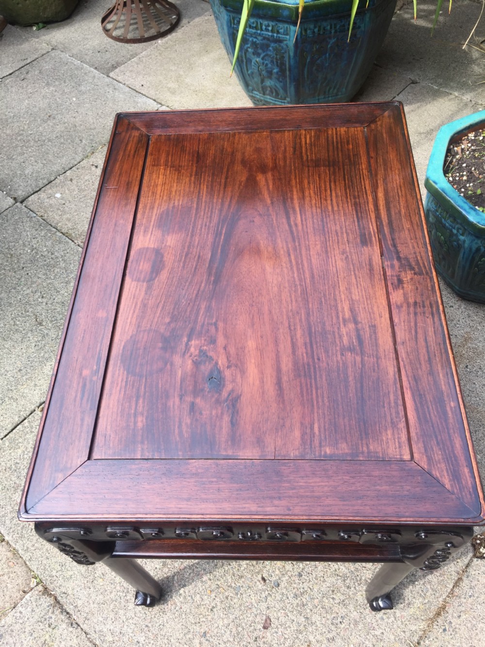 Late C19th Chinese Qing Dynasty carved hardwood 2-tier centre table of freestanding design. View V