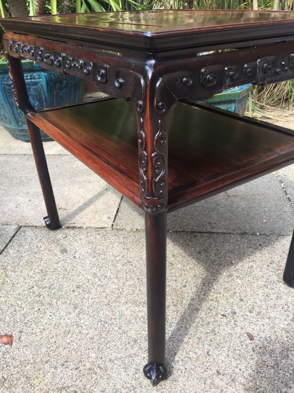 Late C19th Chinese Qing Dynasty carved hardwood 2-tier centre table of freestanding design. View VI