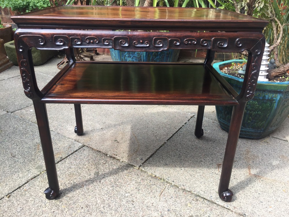 Late C19th Chinese Qing Dynasty carved hardwood 2-tier centre table of freestanding design. View VII
