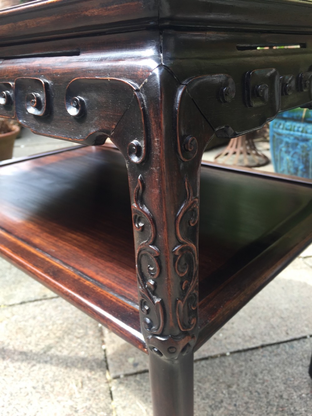 Late C19th Chinese Qing Dynasty carved hardwood 2-tier centre table of freestanding design. View VIII