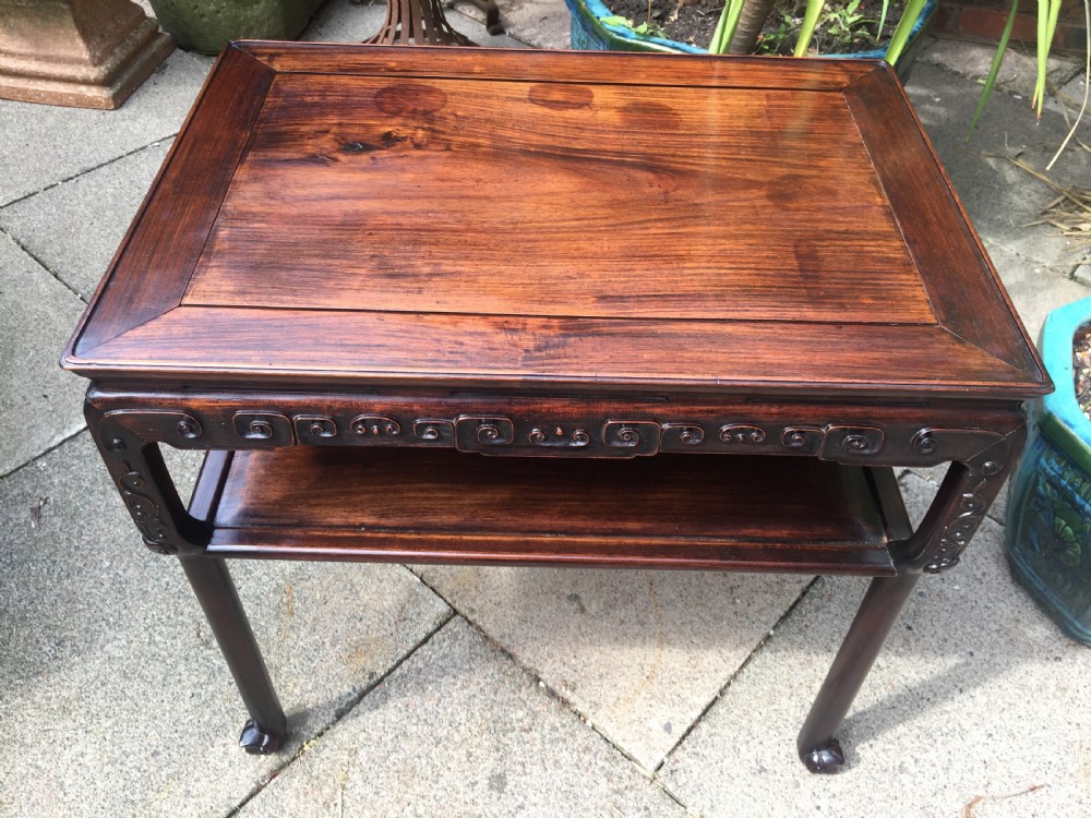 Late C19th Chinese Qing Dynasty carved hardwood 2-tier centre table of freestanding design. View XI