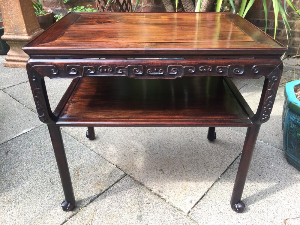 Late C19th Chinese Qing Dynasty carved hardwood 2-tier centre table of freestanding design. View XII