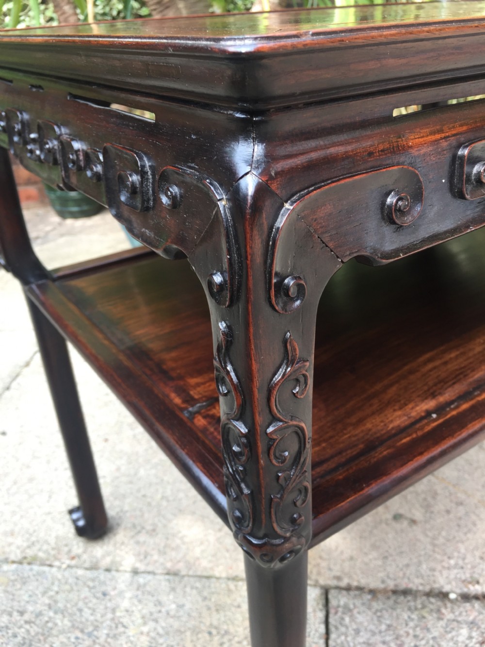 Late C19th Chinese Qing Dynasty carved hardwood 2-tier centre table of freestanding design. View XIII