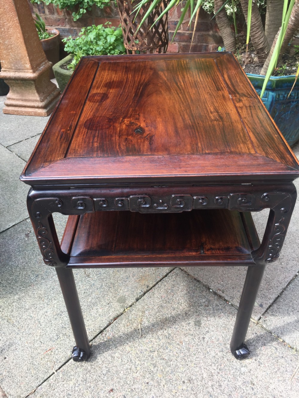 Late C19th Chinese Qing Dynasty carved hardwood 2-tier centre table of freestanding design. View XIV