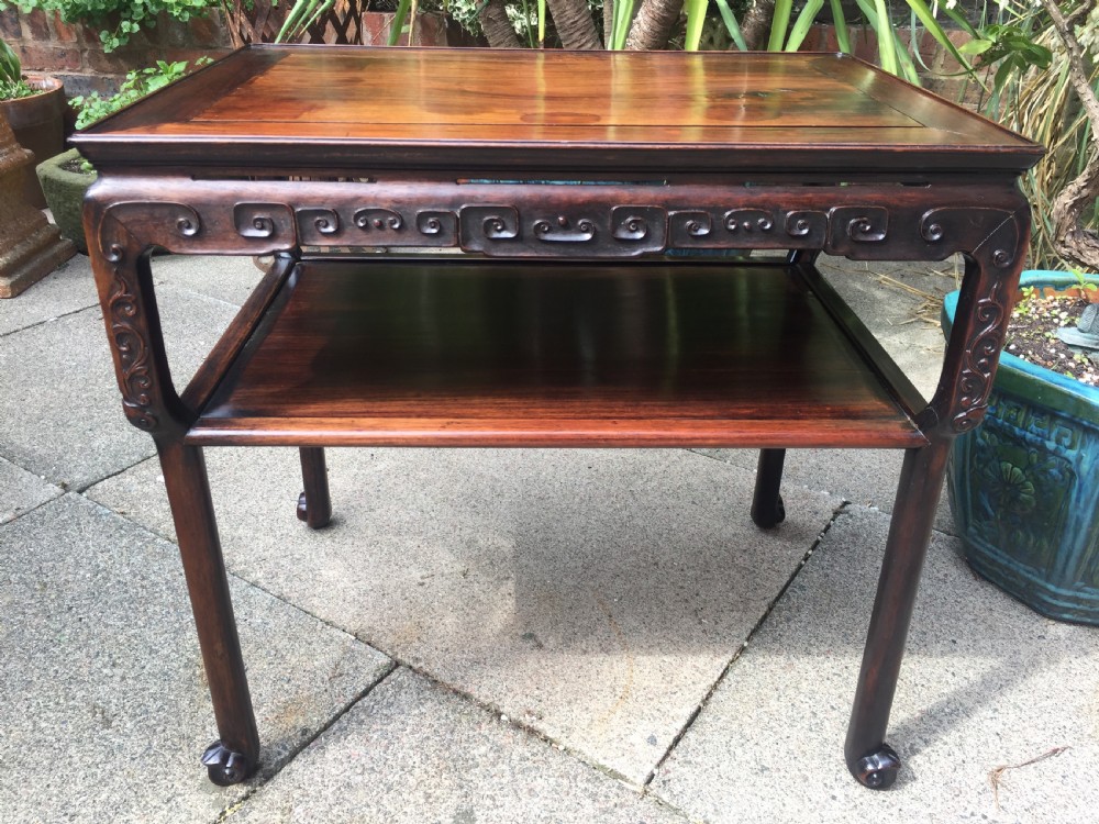 Late C19th Chinese Qing Dynasty carved hardwood 2-tier centre table of freestanding design. View XVII