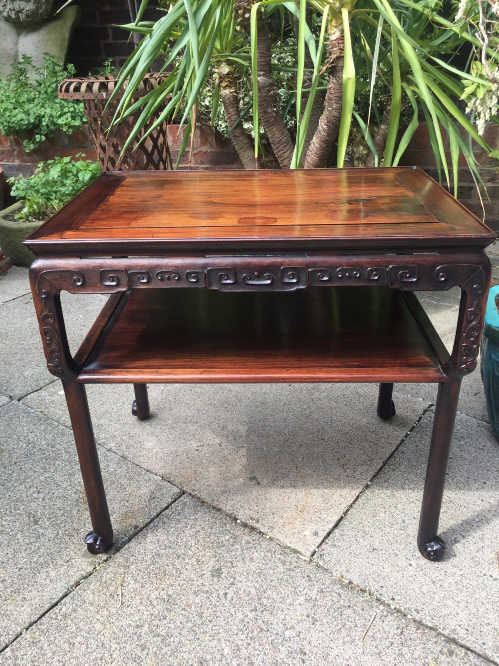 Late C19th Chinese Qing Dynasty carved hardwood 2-tier centre table of freestanding design. View XVIII
