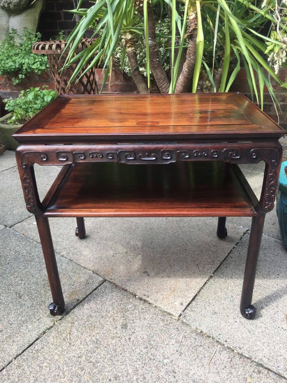 Late C19th Chinese Qing Dynasty carved hardwood 2-tier centre table of freestanding design. View XIX