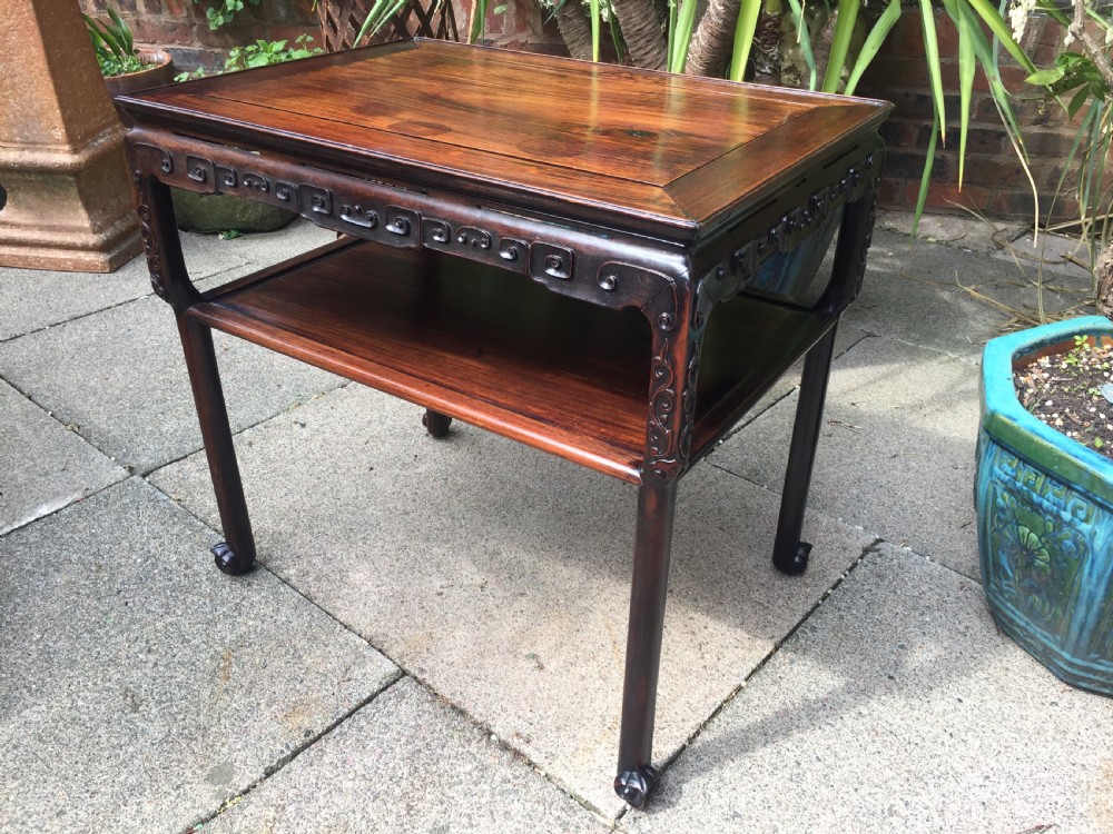 Late C19th Chinese Qing Dynasty carved hardwood 2-tier centre table of freestanding design. View XX