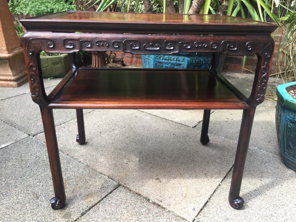 Late C19th Chinese Qing Dynasty carved hardwood 2-tier centre table of freestanding design. View XXI