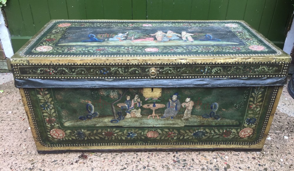Fine C19th Chinese export decorated leather and brass-bound camphor trunk.