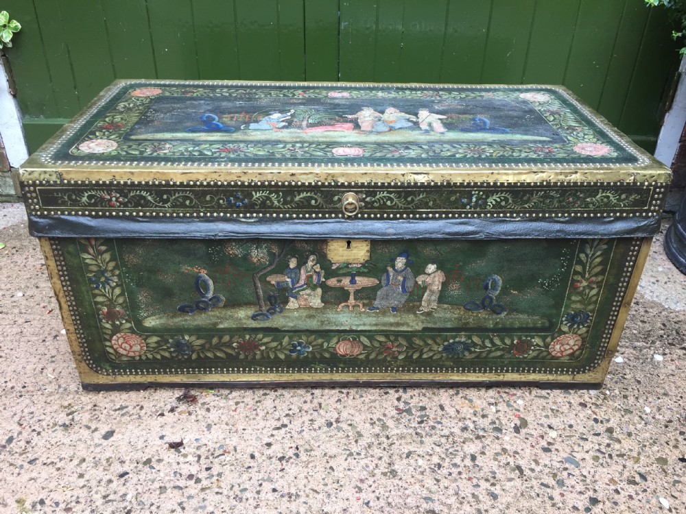 Fine C19th Chinese export decorated leather and brass-bound camphor trunk. View II