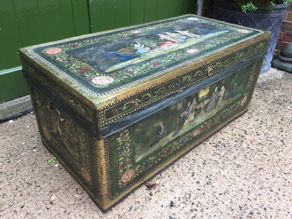 Fine C19th Chinese export decorated leather and brass-bound camphor trunk. View III