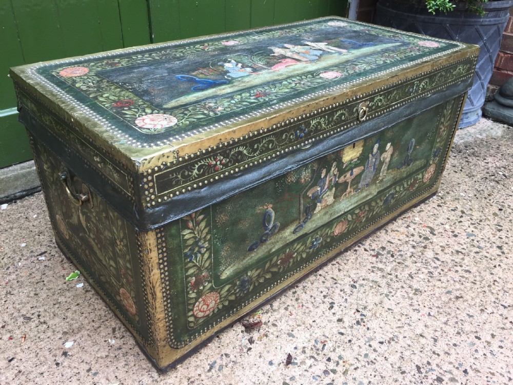 Fine C19th Chinese export decorated leather and brass-bound camphor trunk. View IV