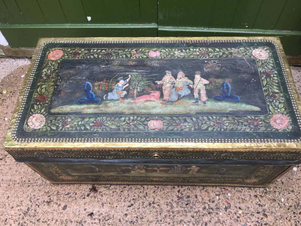 Fine C19th Chinese export decorated leather and brass-bound camphor trunk. View V