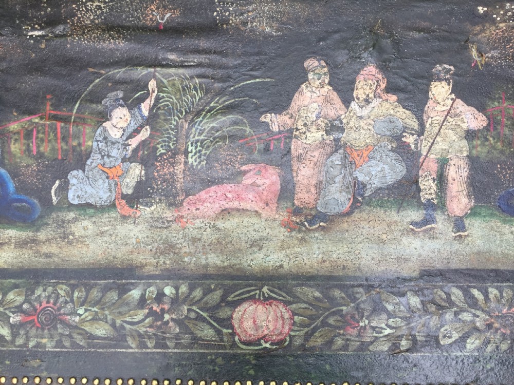 Fine C19th Chinese export decorated leather and brass-bound camphor trunk. View VI