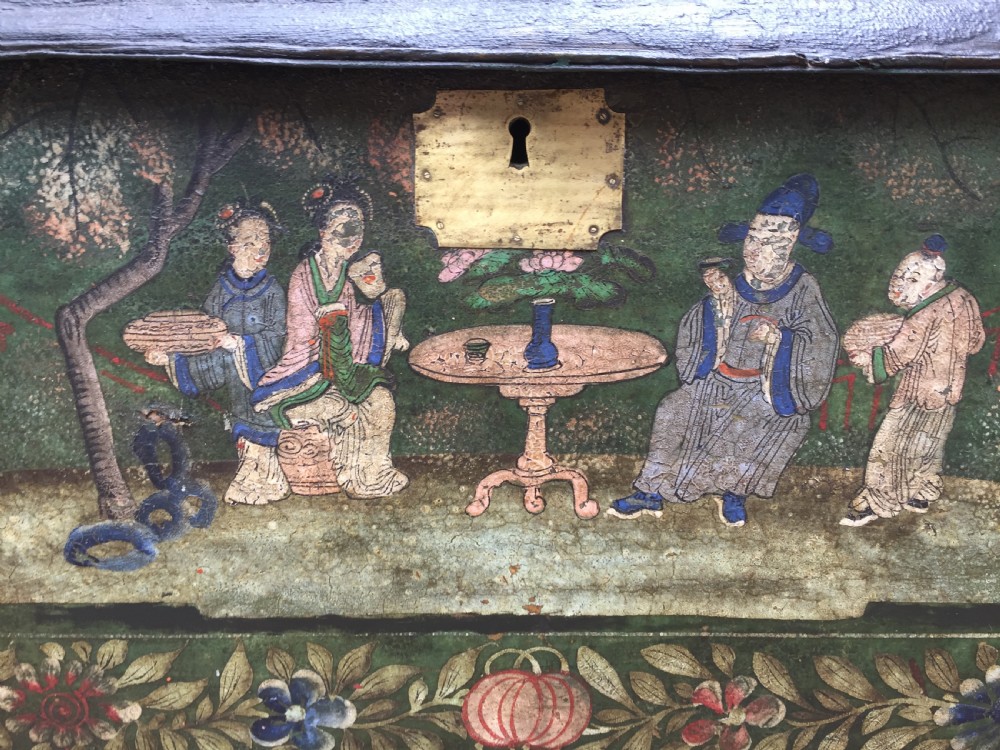 Fine C19th Chinese export decorated leather and brass-bound camphor trunk. View VII