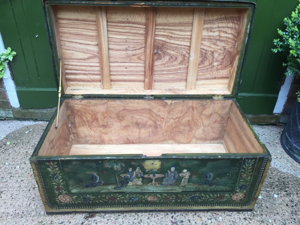Fine C19th Chinese export decorated leather and brass-bound camphor trunk. View IX