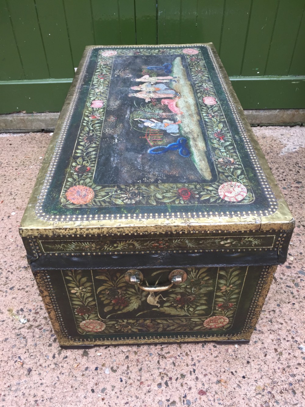Fine C19th Chinese export decorated leather and brass-bound camphor trunk. View XI