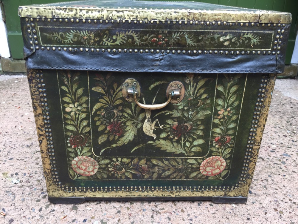 Fine C19th Chinese export decorated leather and brass-bound camphor trunk. View XII