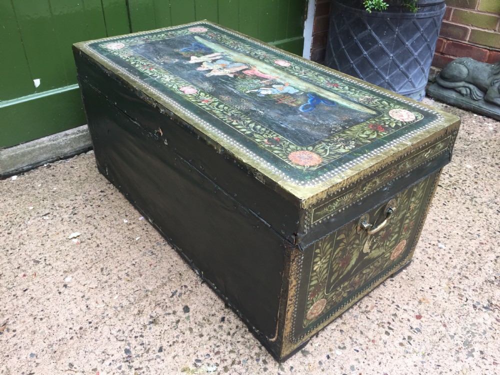 Fine C19th Chinese export decorated leather and brass-bound camphor trunk. View XIII