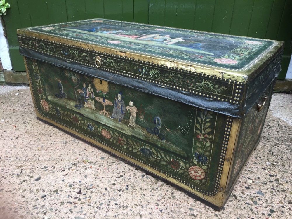 Fine C19th Chinese export decorated leather and brass-bound camphor trunk. View XIV