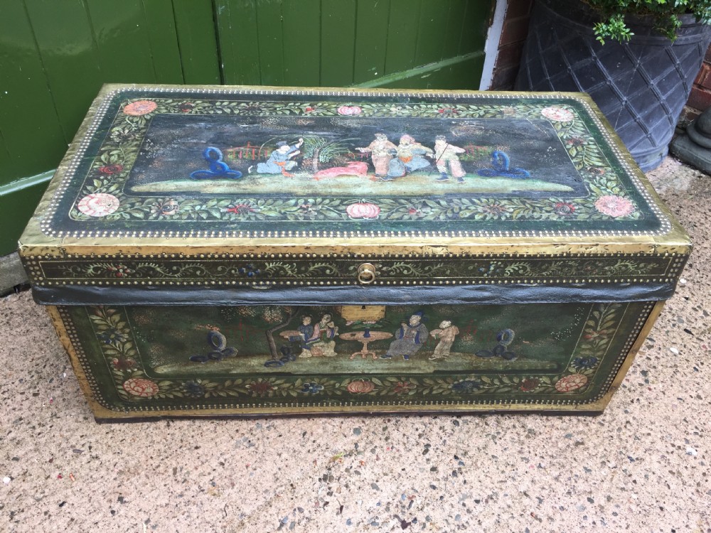 Fine C19th Chinese export decorated leather and brass-bound camphor trunk. View XVIII