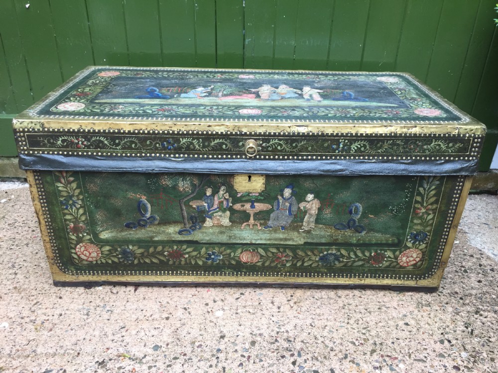 Fine C19th Chinese export decorated leather and brass-bound camphor trunk. View XIX