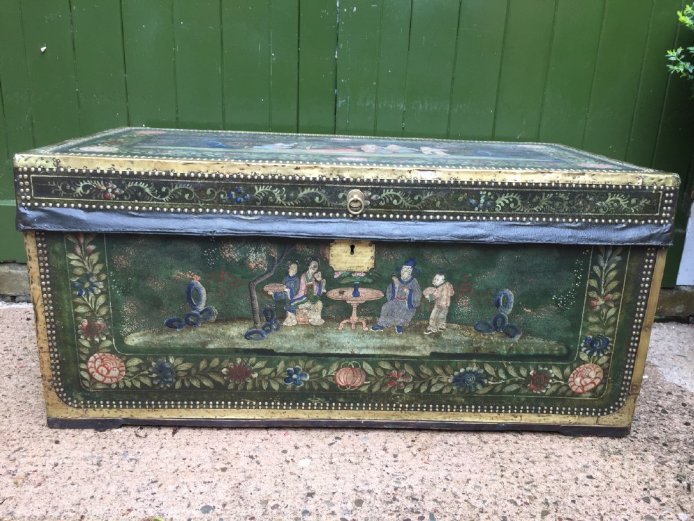 Fine C19th Chinese export decorated leather and brass-bound camphor trunk. View XX