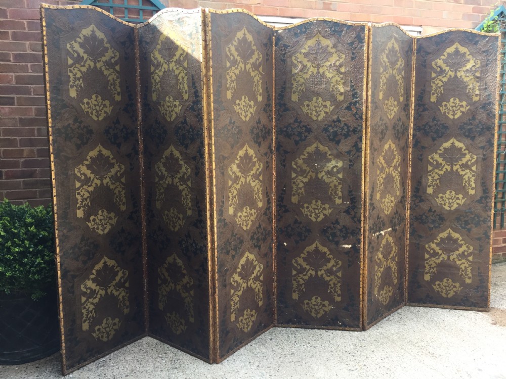 Large and impressive late C19th 'country-house' hinged and folding 6-panel room divider or screen . View II