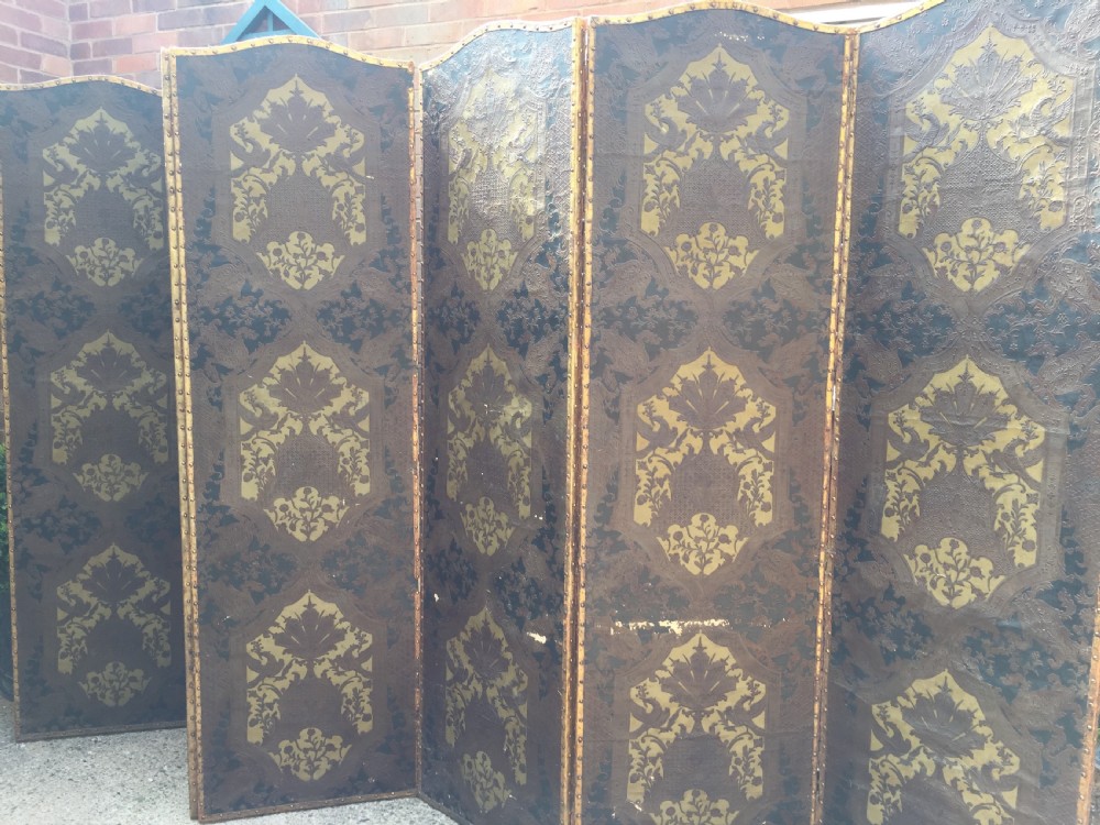Large and impressive late C19th 'country-house' hinged and folding 6-panel room divider or screen . View III
