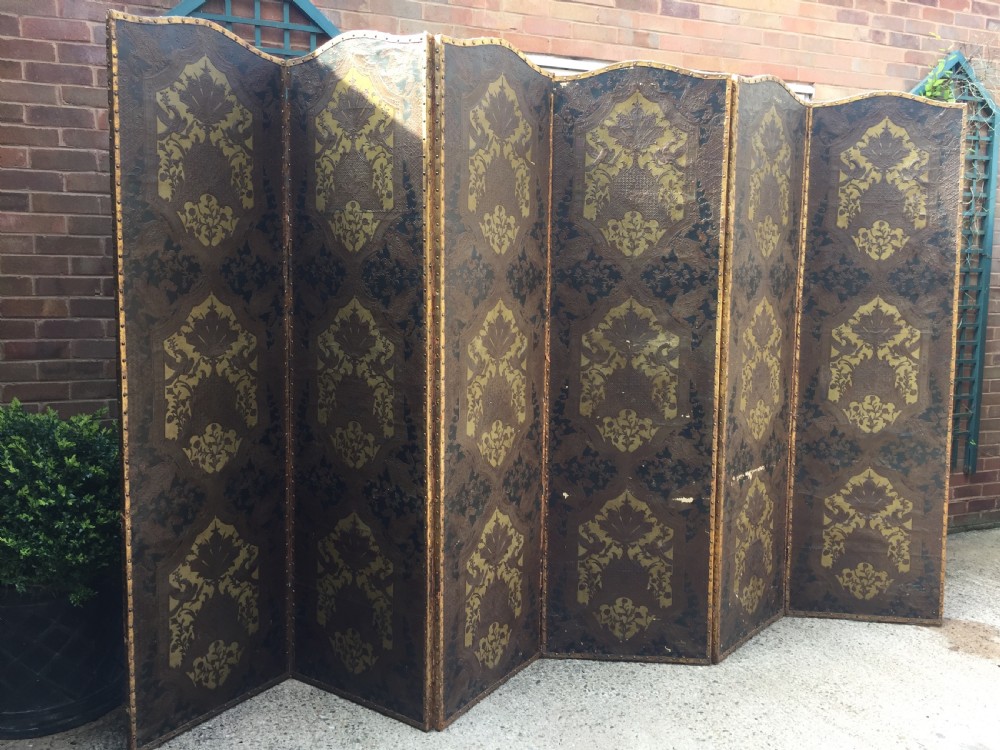 Large and impressive late C19th 'country-house' hinged and folding 6-panel room divider or screen . View VIII