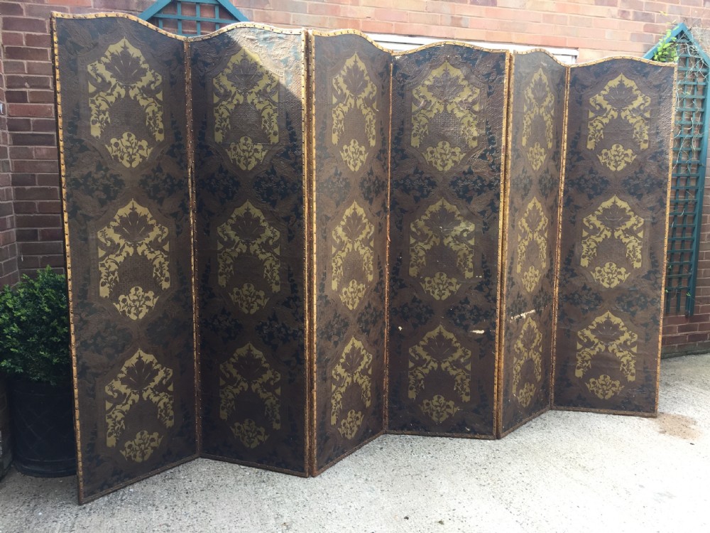 Large and impressive late C19th 'country-house' hinged and folding 6-panel room divider or screen . View X