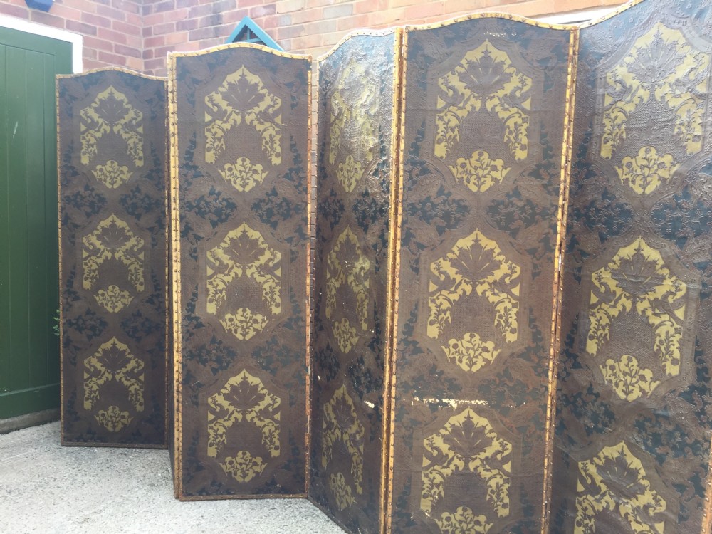 Large and impressive late C19th 'country-house' hinged and folding 6-panel room divider or screen . View XI