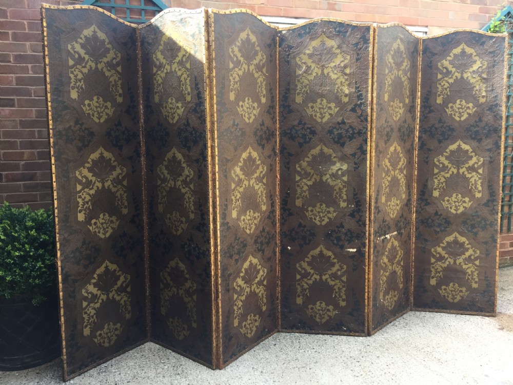 Large and impressive late C19th 'country-house' hinged and folding 6-panel room divider or screen . View XVI