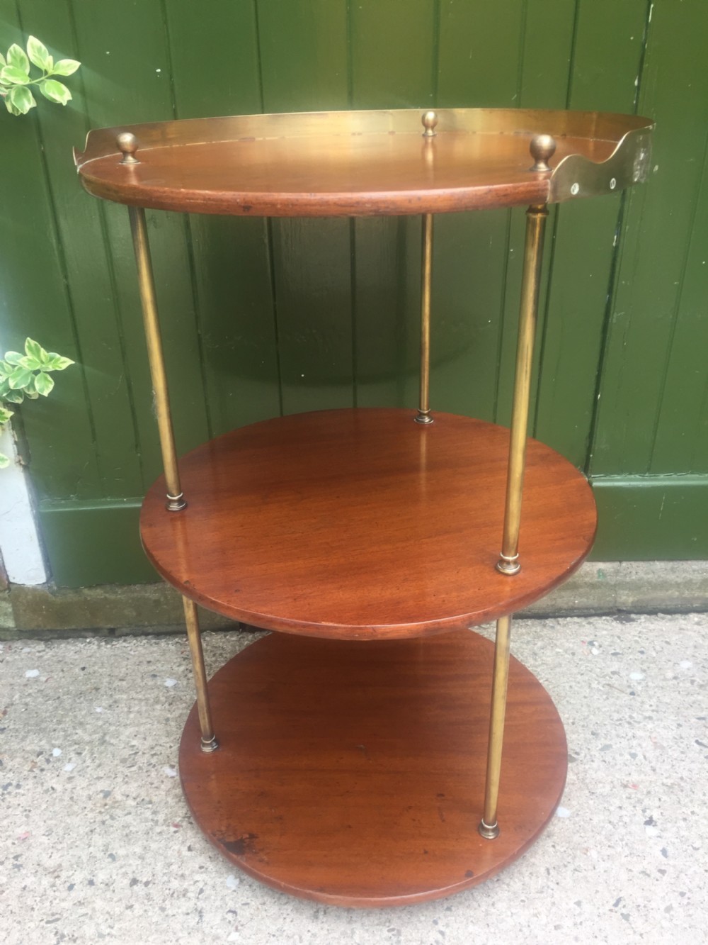 C19th Military campaign teak and brass circular 3-tier etagere .