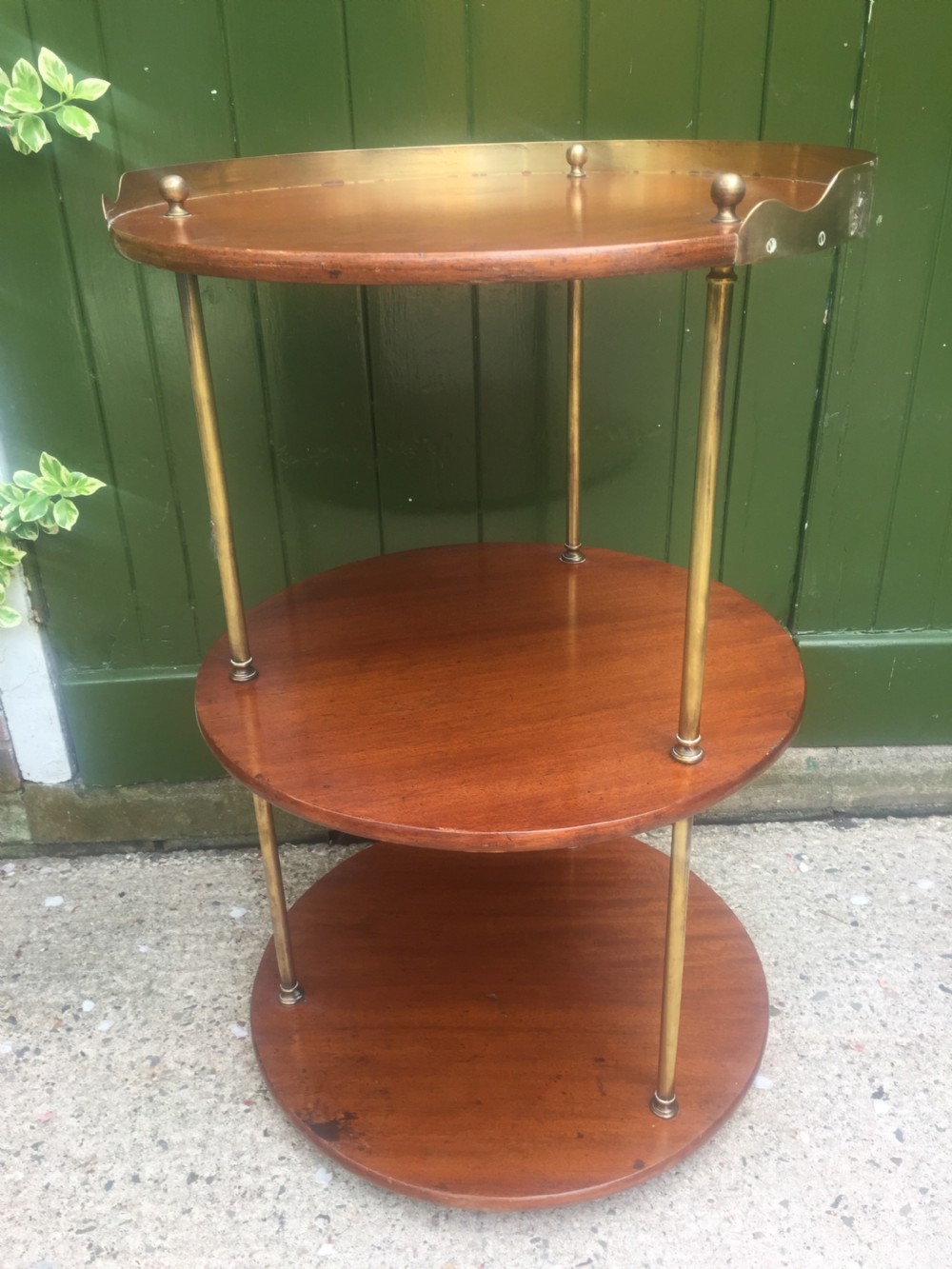 C19th Military campaign teak and brass circular 3-tier etagere . View II